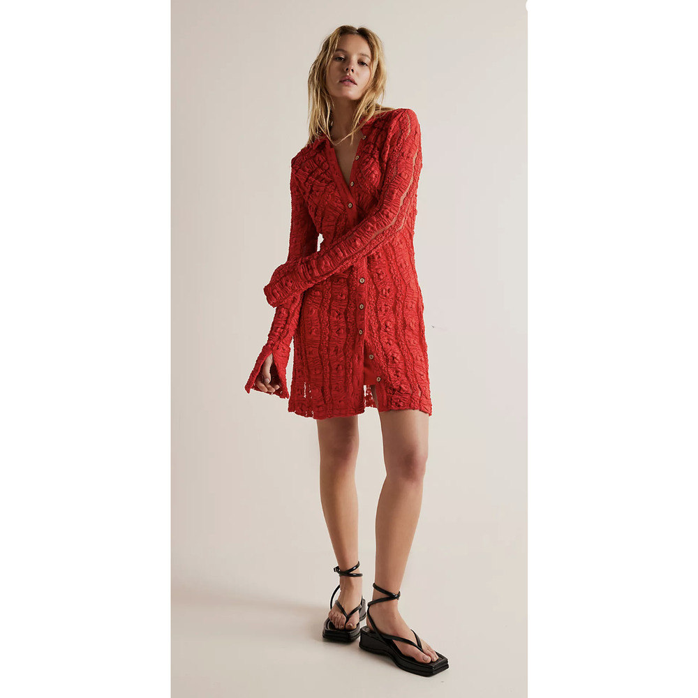 Free People's Shayla Lace Mini Dress in Red/Rouge, XS